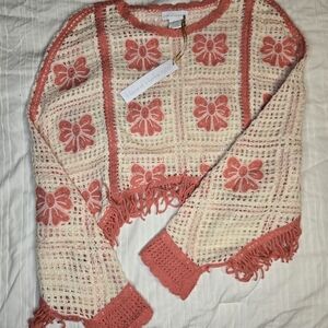 House of Harlow Floral Crochet Sweater - Pink and Cream